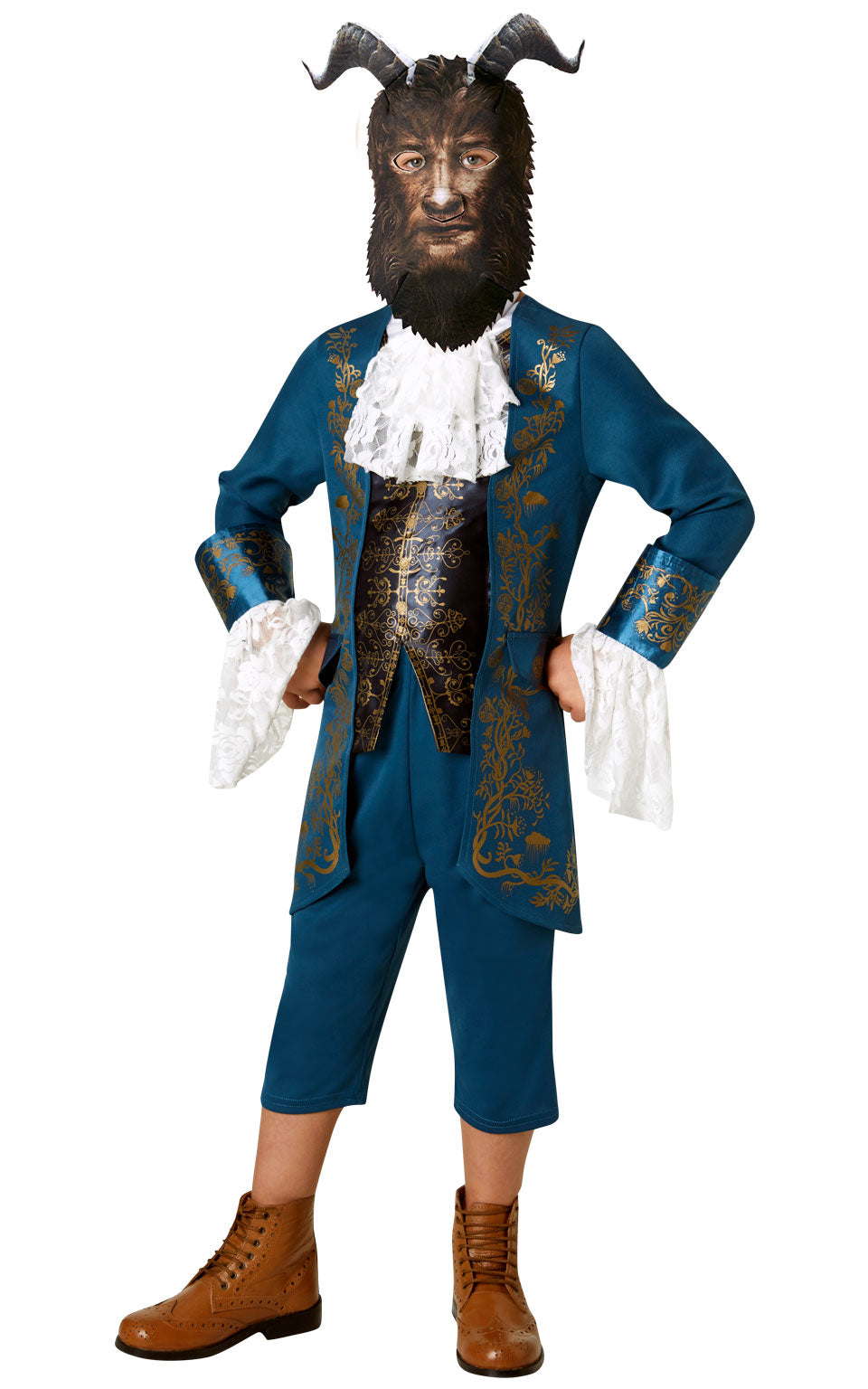 Boy in Beast costume with teal jacket, ornate vest, white lace cravat, teal trousers and horned mask