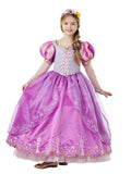 Girl wearing a premium Rapunzel gown with embroidered puff sleeves, laced bodice, hooped skirt and flower headband