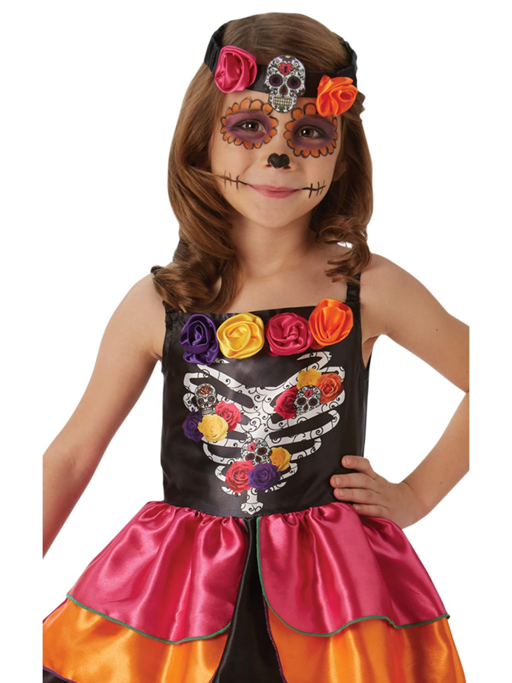 Close-up of the Sugar Skull headpiece with 3D roses and the rose-trimmed rib-print bodice