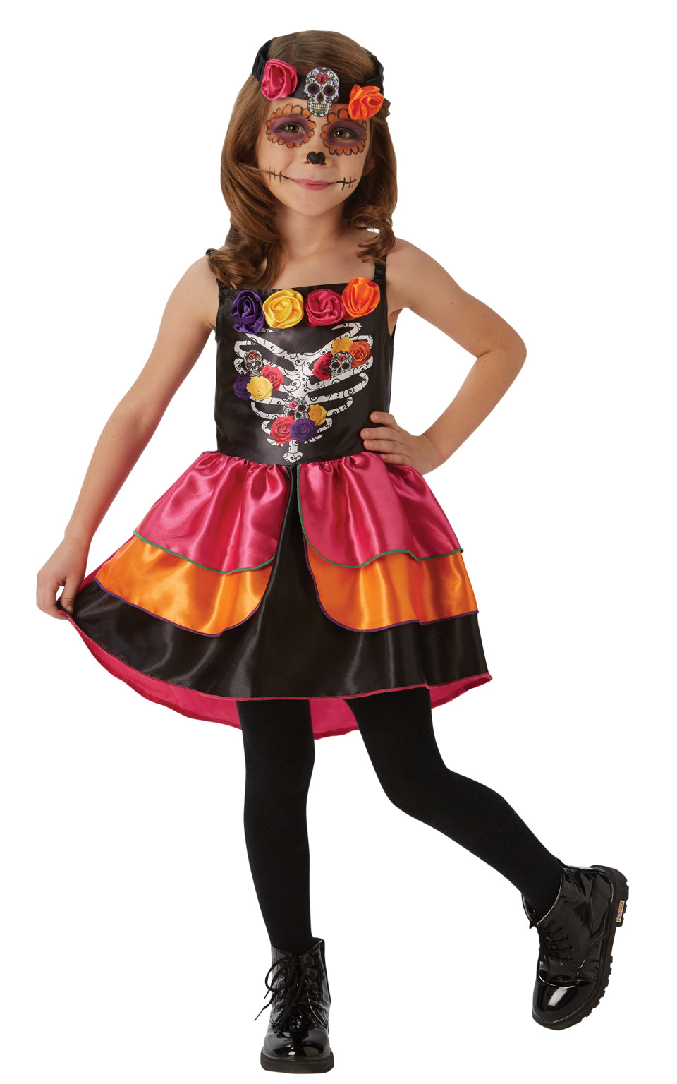 Girl in a Day of the Dead Sugar Skull dress with satin roses, layered pink and orange skirt and skull headpiece