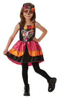 Girl in a Day of the Dead Sugar Skull dress with satin roses, layered pink and orange skirt and skull headpiece