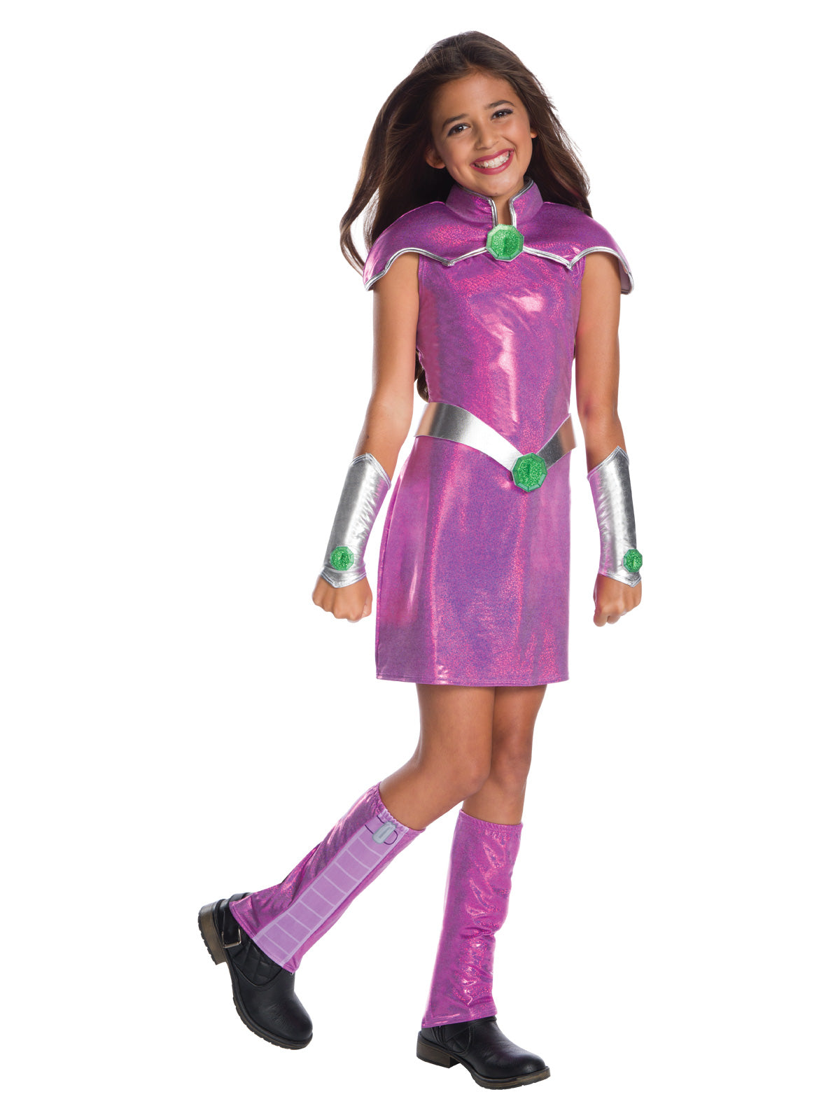 Girl wearing a shimmery purple Starfire dress with high collar, silver gauntlets, belt and printed boot tops