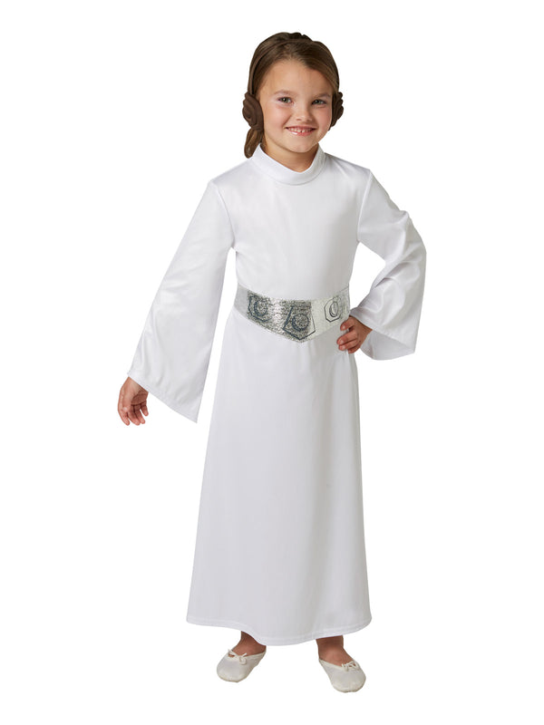 Girl wearing a white Princess Leia dress with trumpet sleeves and silver metallic belt