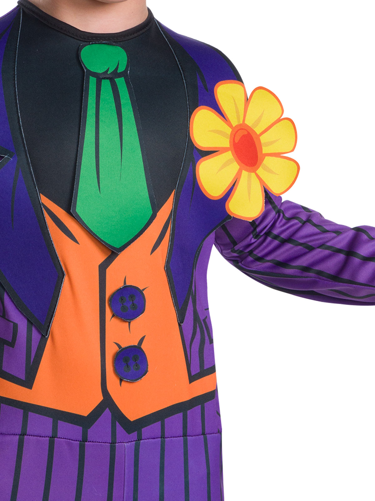 Close-up of the Joker jumpsuit's printed orange vest, green tie and yellow foam lapel flower