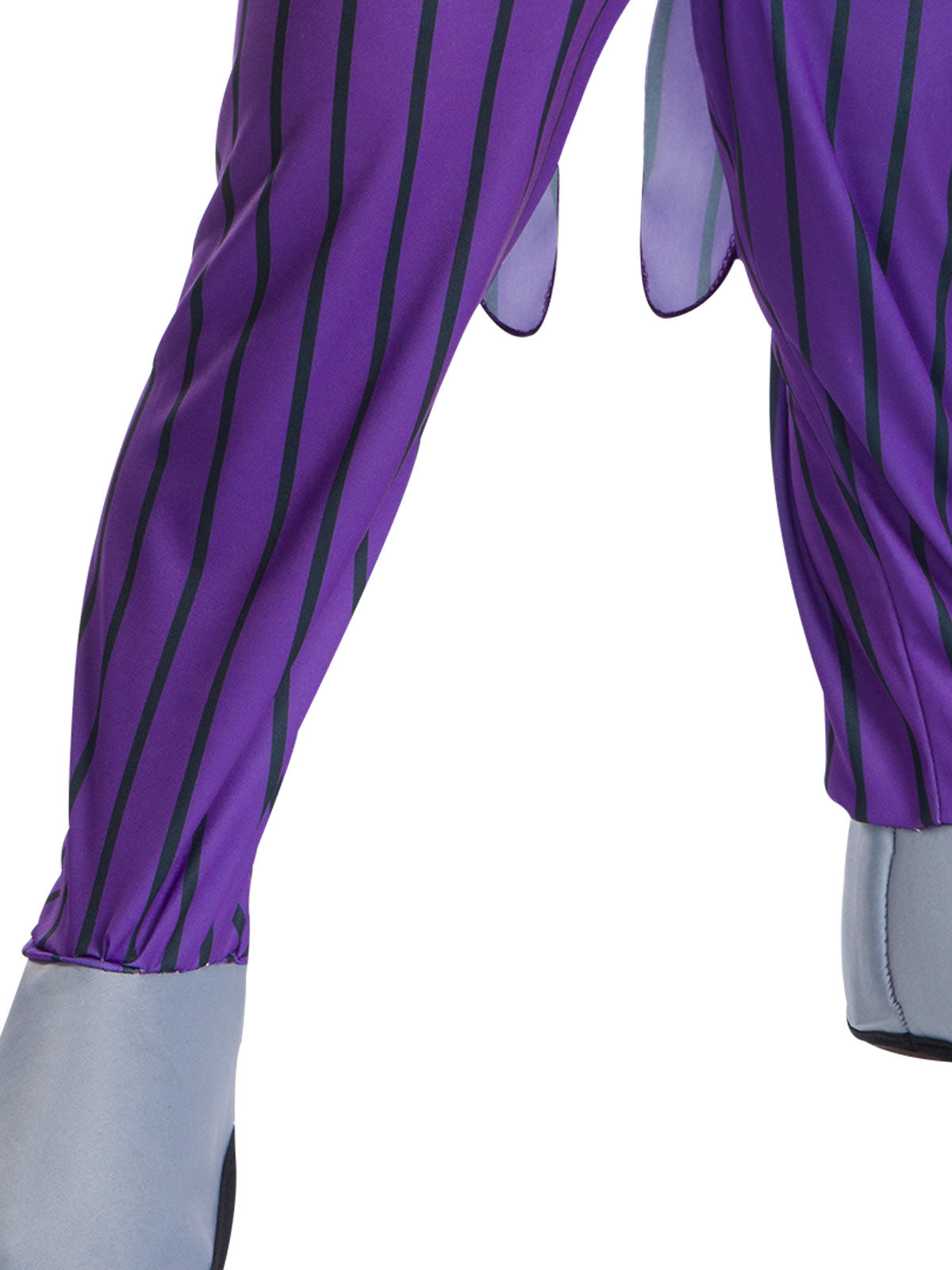Close-up of the Joker jumpsuit's purple pinstripe pants with attached grey boot tops