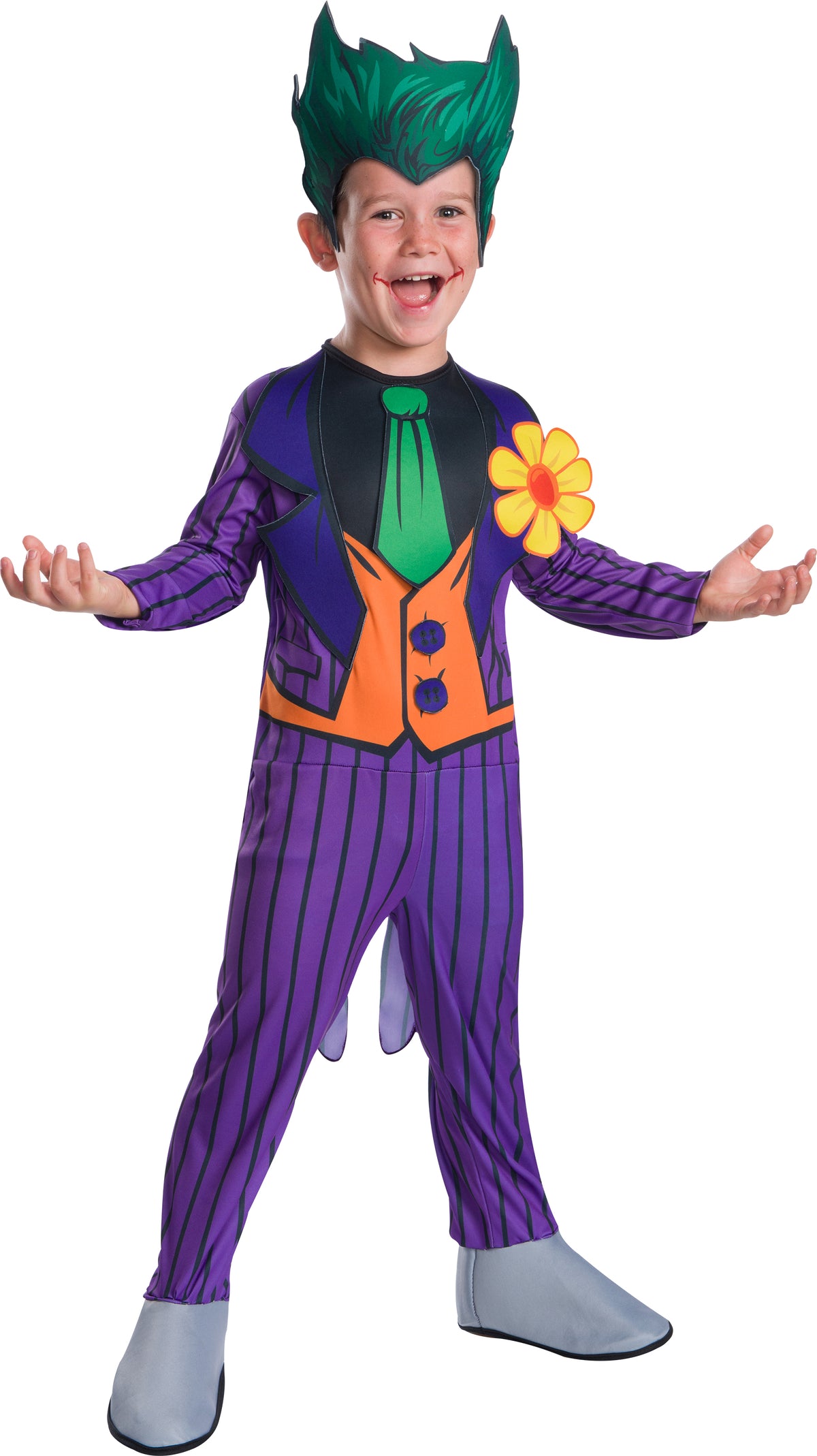 Boy wearing a Joker jumpsuit with printed purple suit, orange vest, green tie, foam lapel flower and green hair headpiece