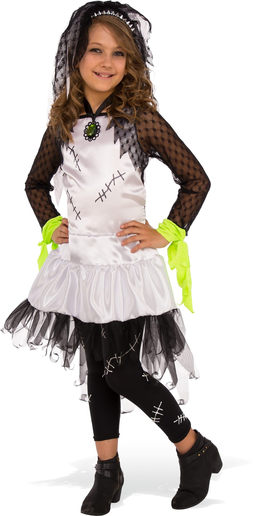 Girl in the Monster Bride costume with a white satin dress, black mesh sleeves, scar-print tights and veil headpiece