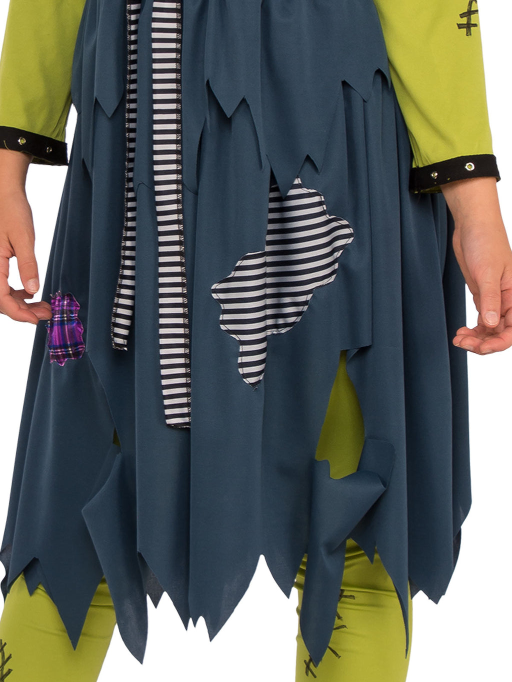 Close-up of the Franny Stein dress's tattered hem, stripy belt and patches