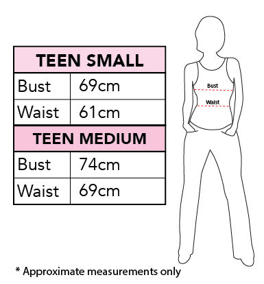 Size chart for the Franny Stein Costume, Teen