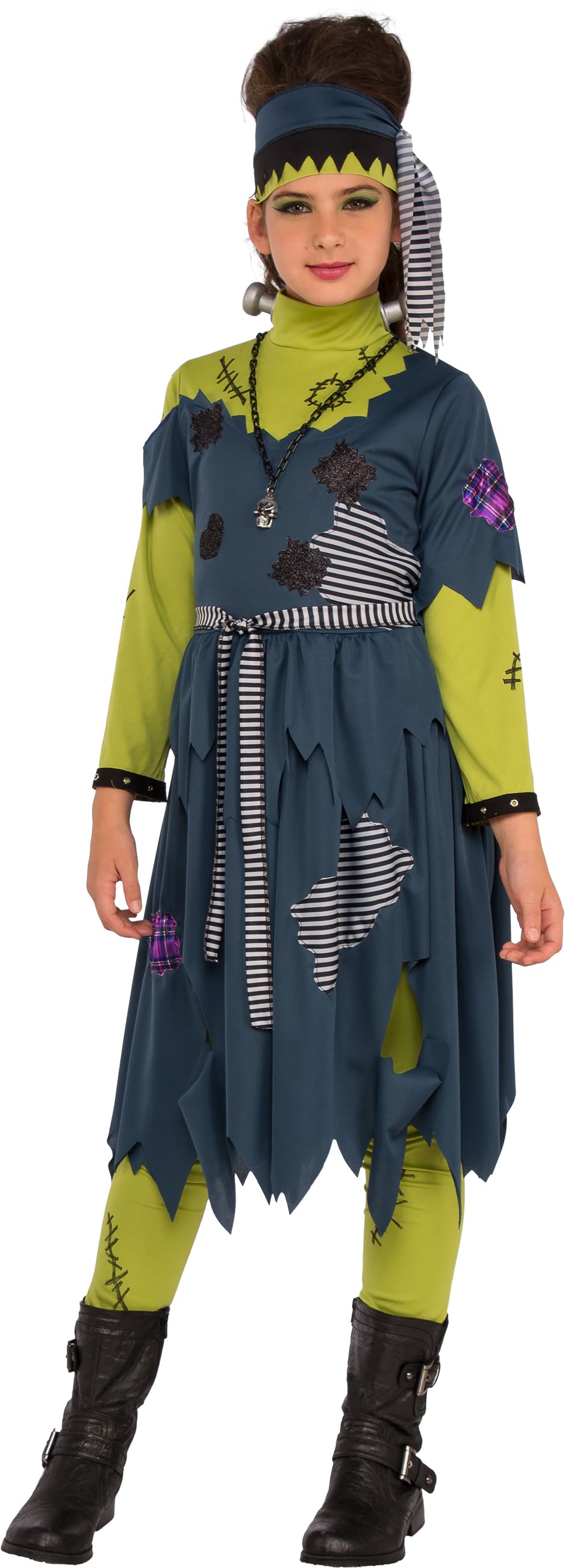 Teen girl in the Franny Stein monster costume, tattered teal patchwork dress, green sleeves, leggings and headband