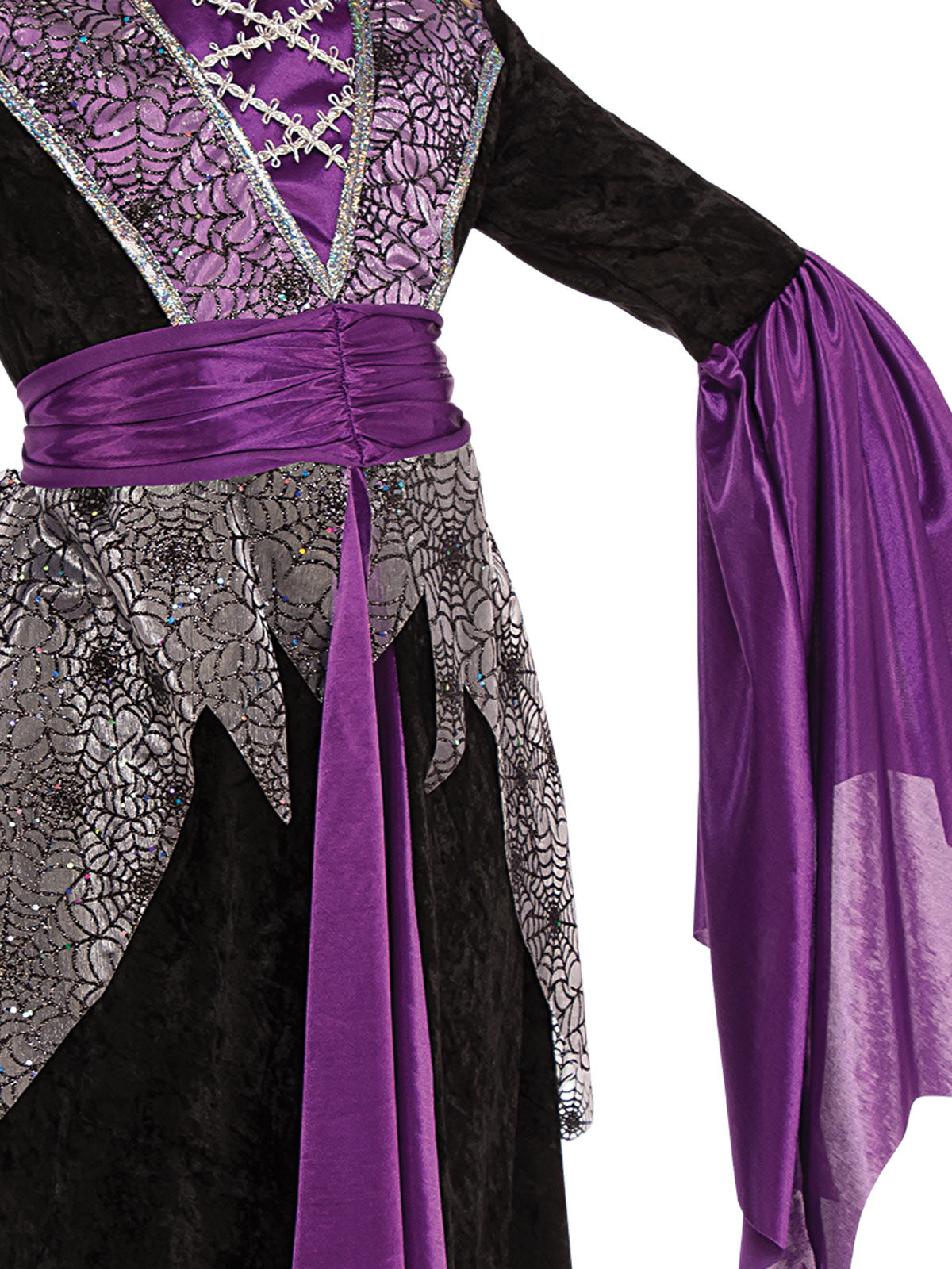 Close-up of the Queen Vampire dress's glittery webbing bodice, purple satin belt and trumpet sleeve