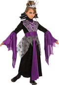 Girl wearing a purple and black Queen Vampire dress with spiderweb bodice, satin sash and draped sleeves