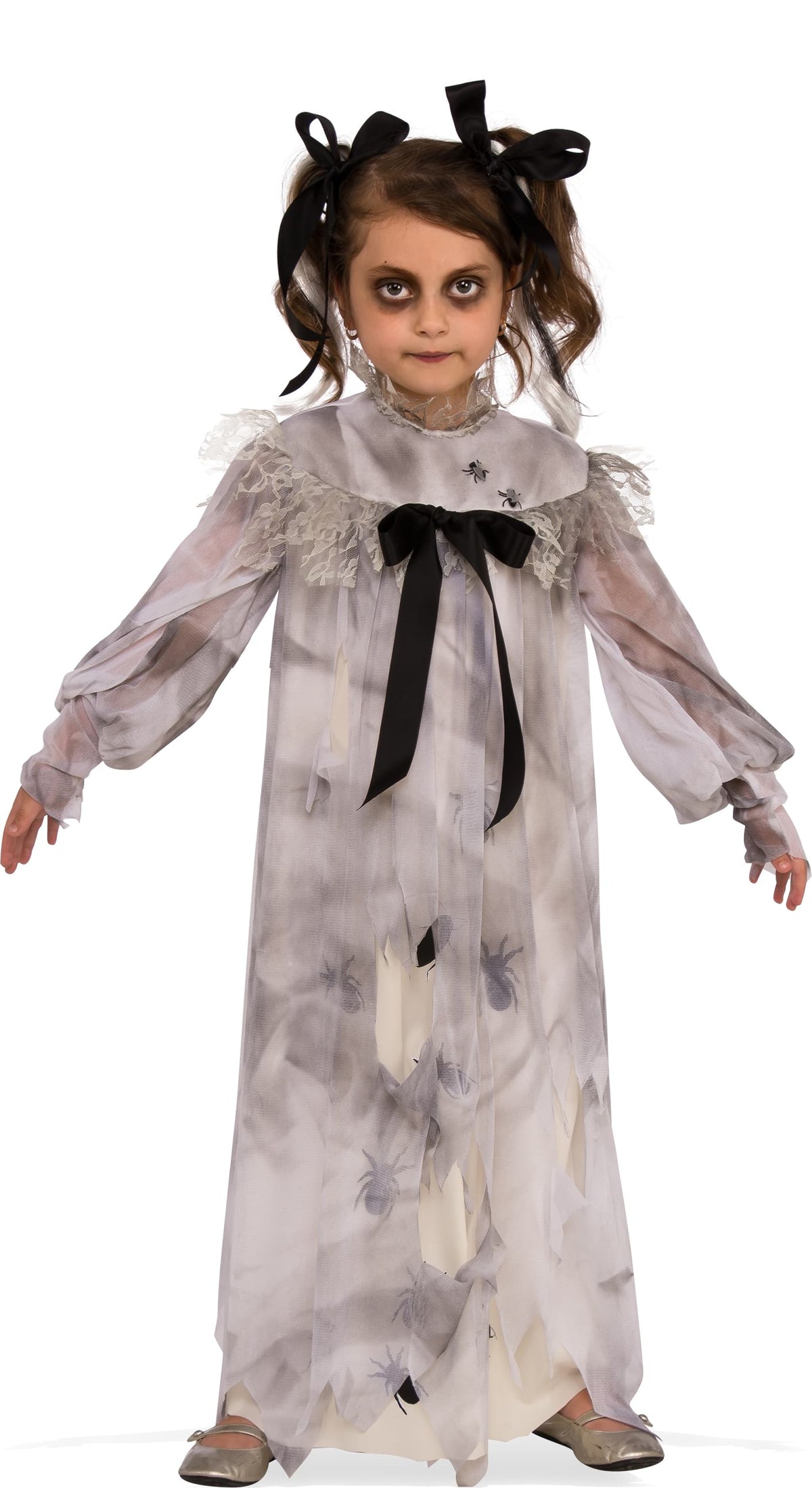 Girl wearing a Sweet Screams grubby white nightie dress with bug print, ruffled collar, black bow and hair bows