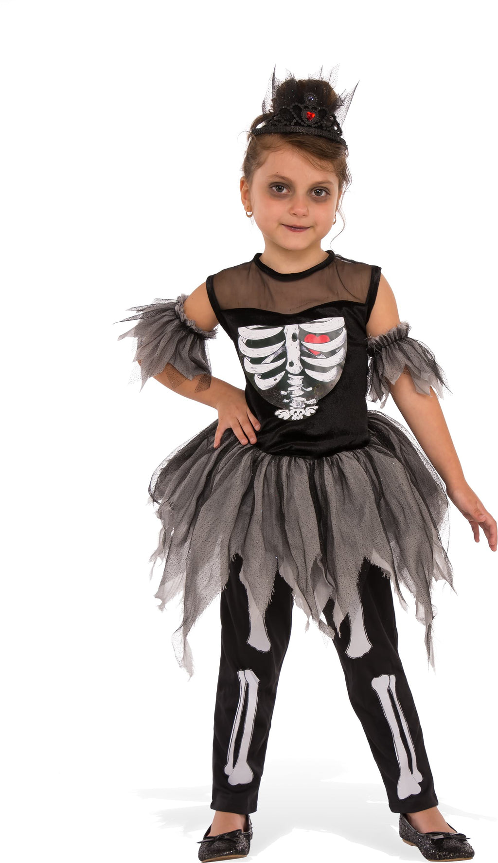 Girl wearing a Skelerina dress with skeleton print, torn grey tulle tutu, bone-print leggings and beaded headpiece
