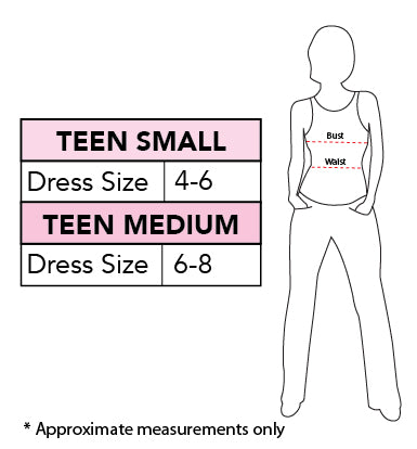 Size chart for the Open Ribs Costume, Teen