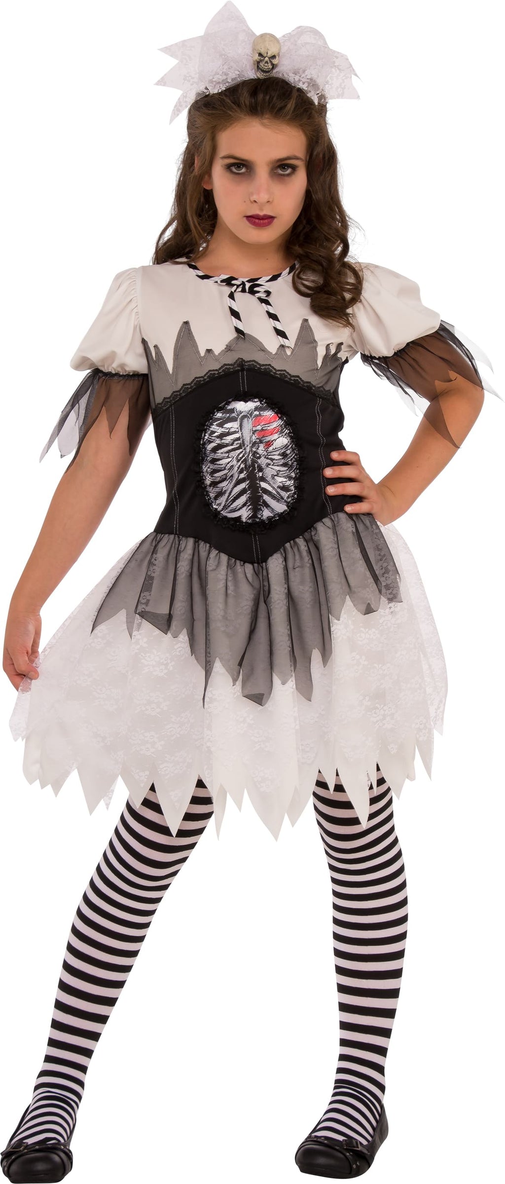 Teen girl in the Open Ribs skeleton costume, white tattered dress with ribs panel, striped leggings and lace headband