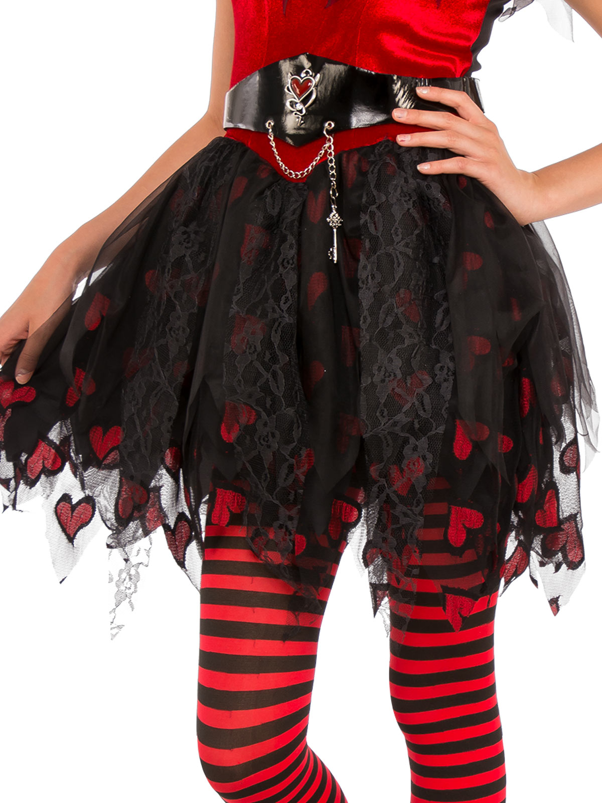 Close-up of the Punk Cupid black tulle skirt with red hearts and chain belt