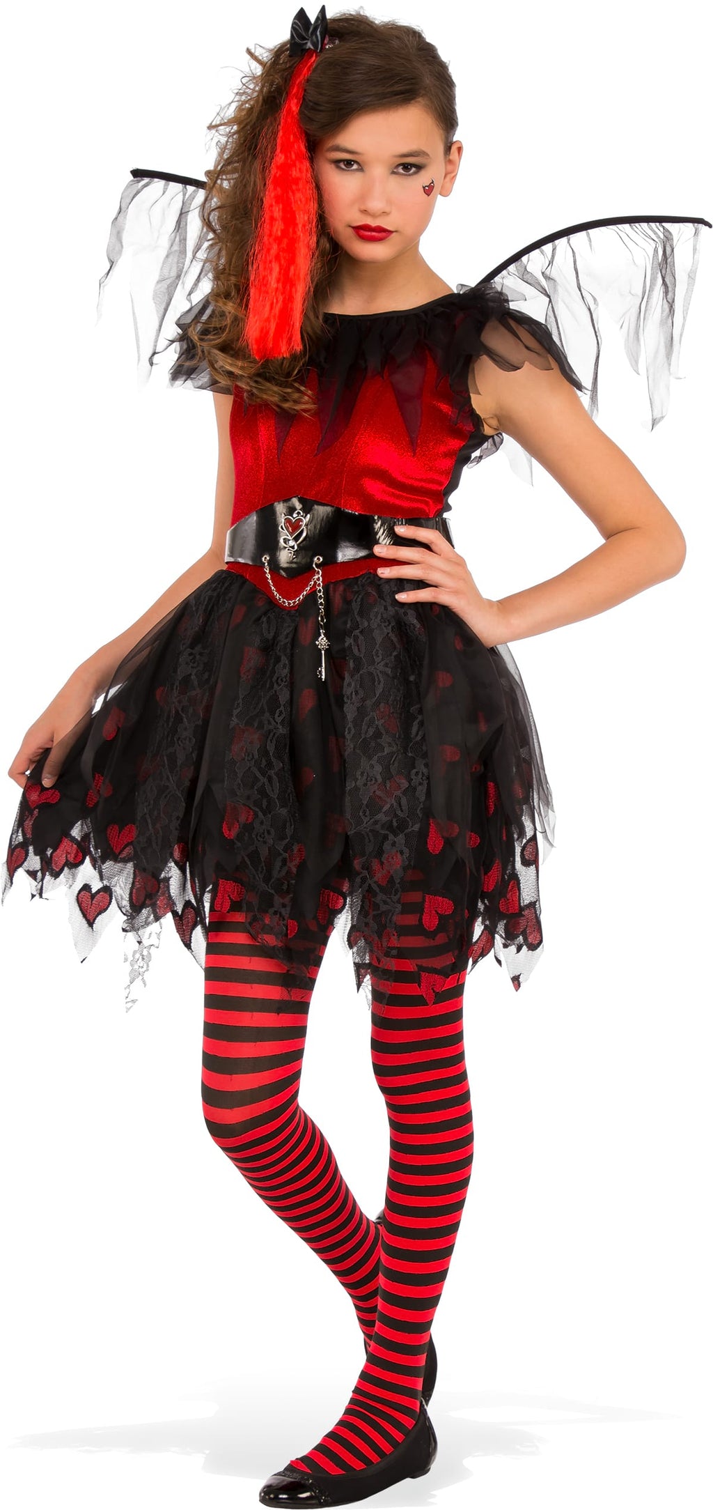 Teen girl in the Punk Cupid costume, red and black dress with hearts, tattered wings, hair clip and striped tights