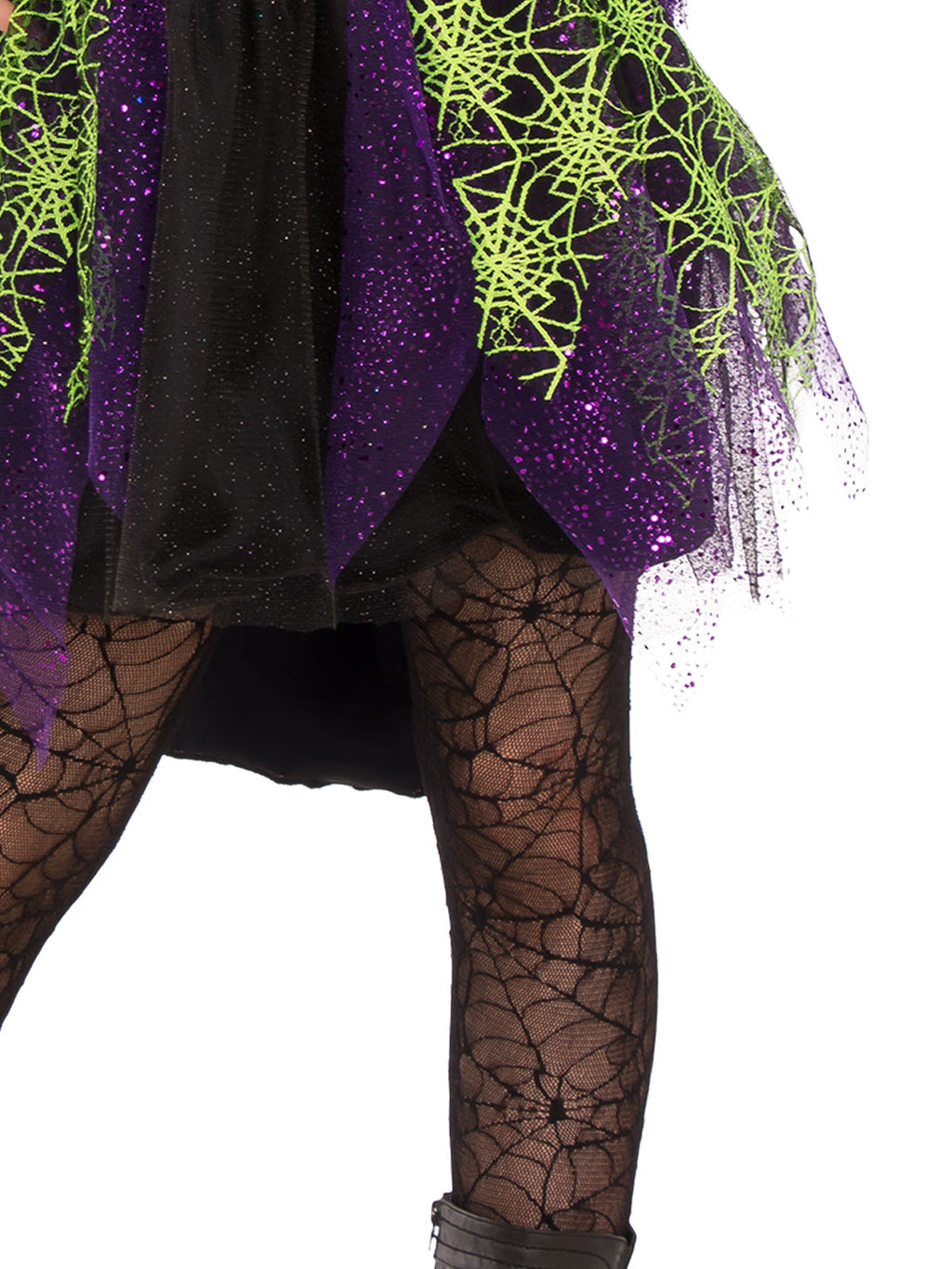 Close-up of the Midnight Witch skirt with green spider-web tulle and purple layers