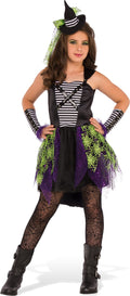 Teen girl in the Midnight Witch costume, striped bodice, green and purple spider-web tutu, mini hat and gauntlets