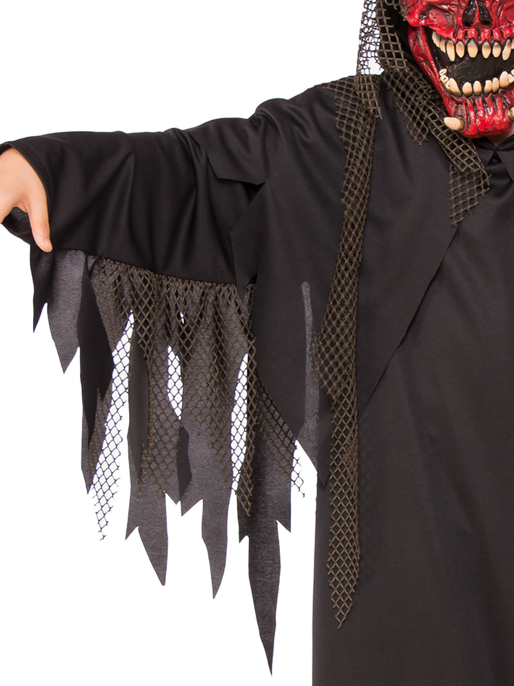 Close-up of the Hell Raiser black robe with ragged mesh sleeves and red demon mask