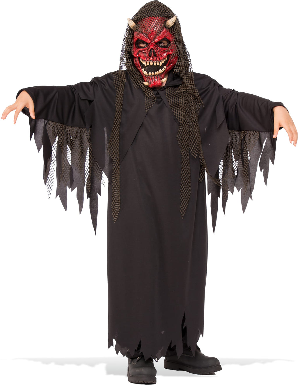 Child in the Hell Raiser costume with a long black hooded robe, tattered sleeves and red demon mask