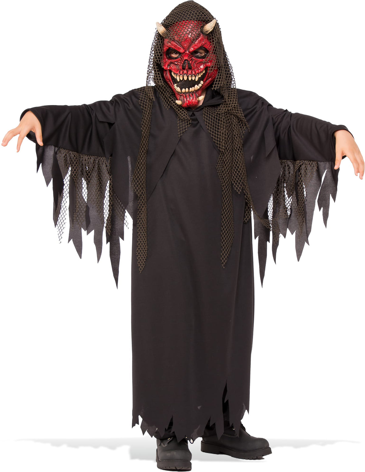 Child in the Hell Raiser costume with a long black hooded robe, tattered sleeves and red demon mask