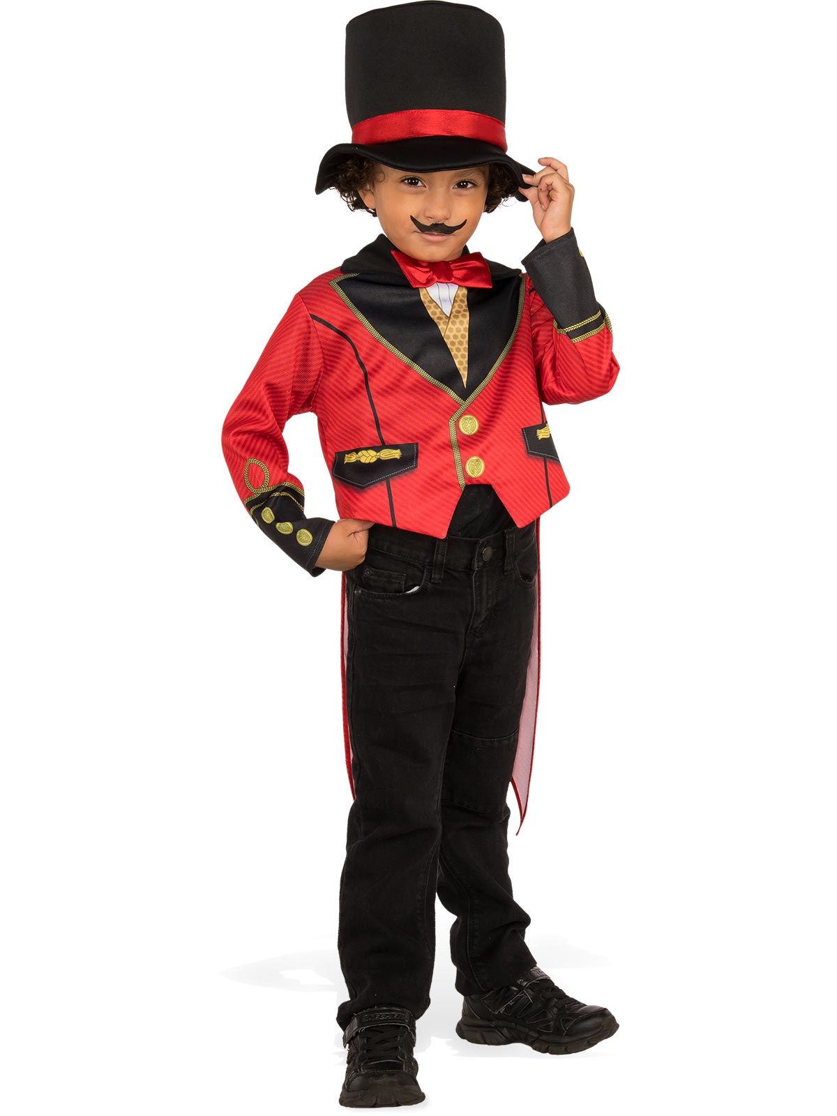 Child in a red ringmaster tailcoat with printed collar and gold buttons, and black top hat with red band