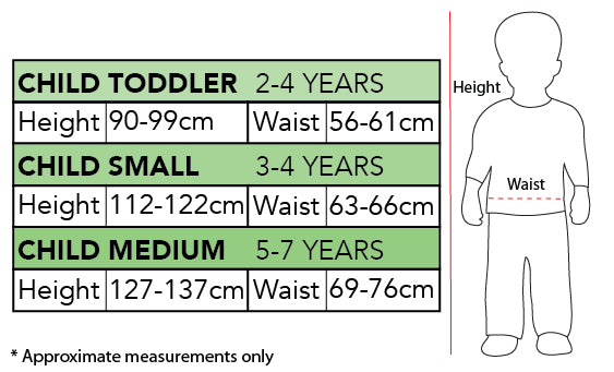 Size chart for the Muscle Man Prisoner Deluxe Costume, Child