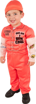Boy in the Muscle Man Prisoner Deluxe orange padded jumpsuit with printed tattoos, logos and orange snood