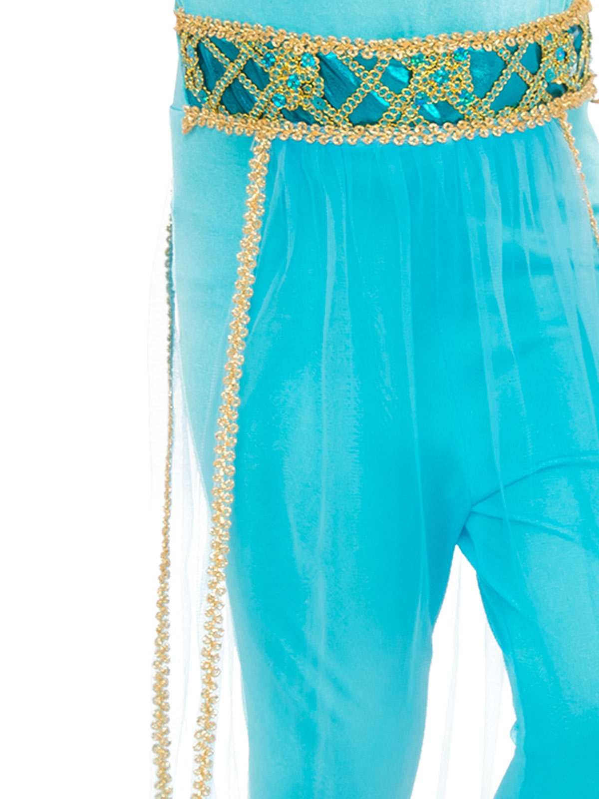 Close-up of the Arabian princess jumpsuit's jewelled gold waistband and sheer aqua skirt overlay