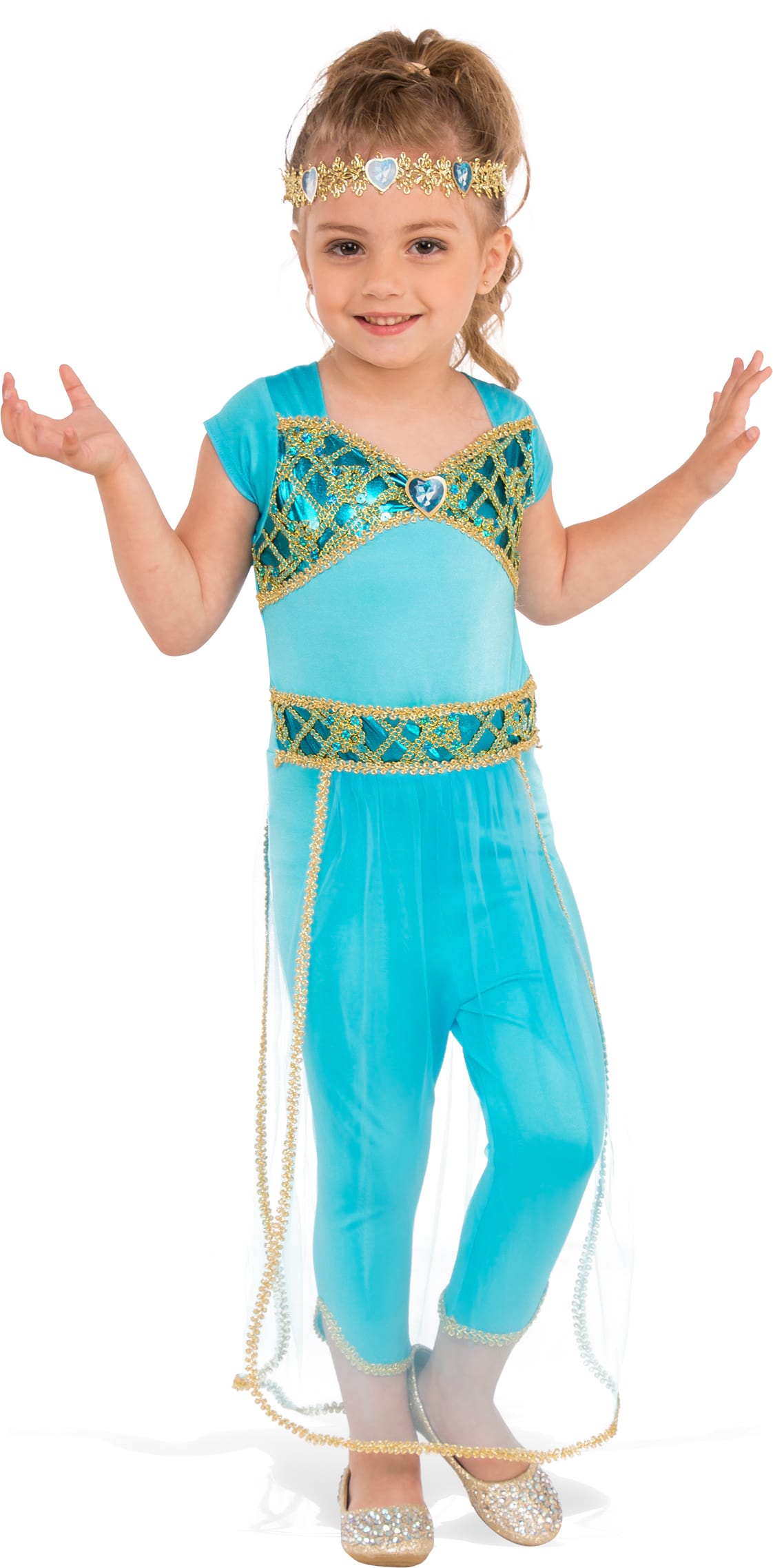 Girl in aqua Arabian princess jumpsuit with gold jewelled bodice, waistband and gold headpiece