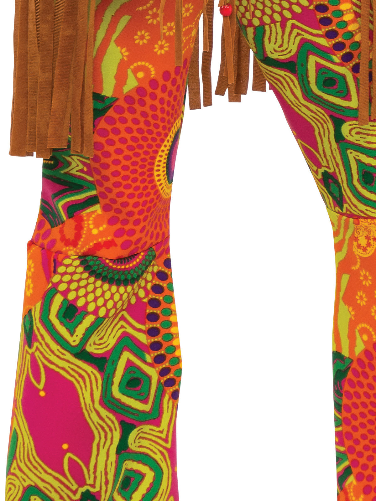 Close-up of the bright psychedelic print flared pants on the Flower Child costume