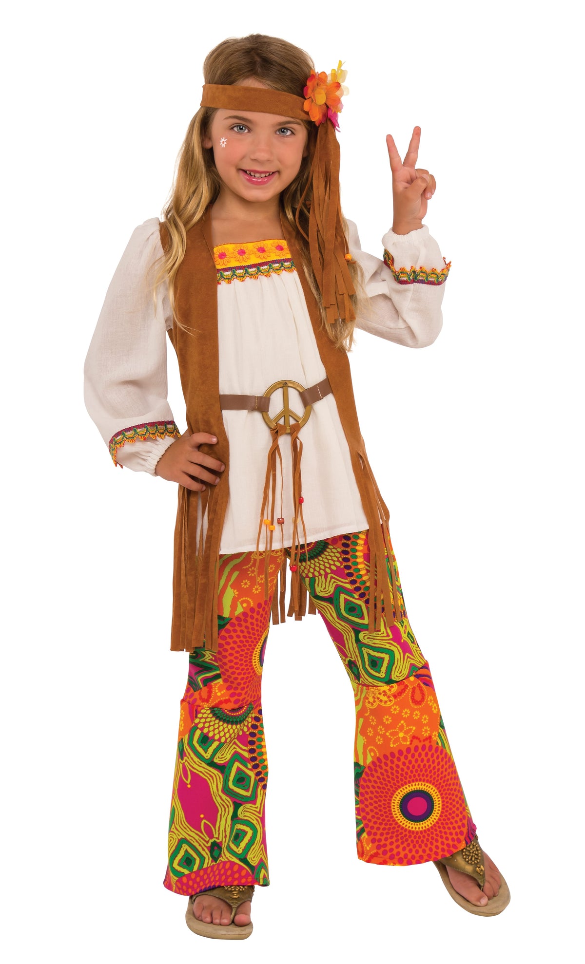 Girl in the Flower Child costume with a fringed suede-look vest, cream top, headband and psychedelic flares
