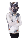 Boy in Bad Guys Mr Wolf foam mask and white printed jacket top with mock vest