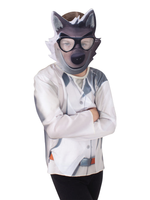 Boy in Bad Guys Mr Wolf foam mask and white printed jacket top with mock vest