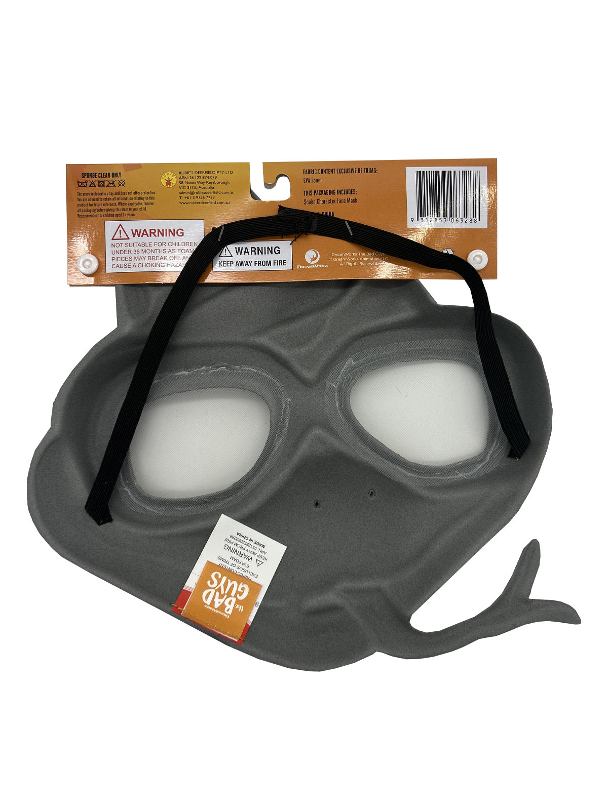 Back view of the Mr Snake foam mask showing the strap and packaging card