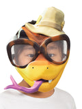 Child wearing the yellow Mr Snake foam mask with big sunglasses, hat and purple forked tongue