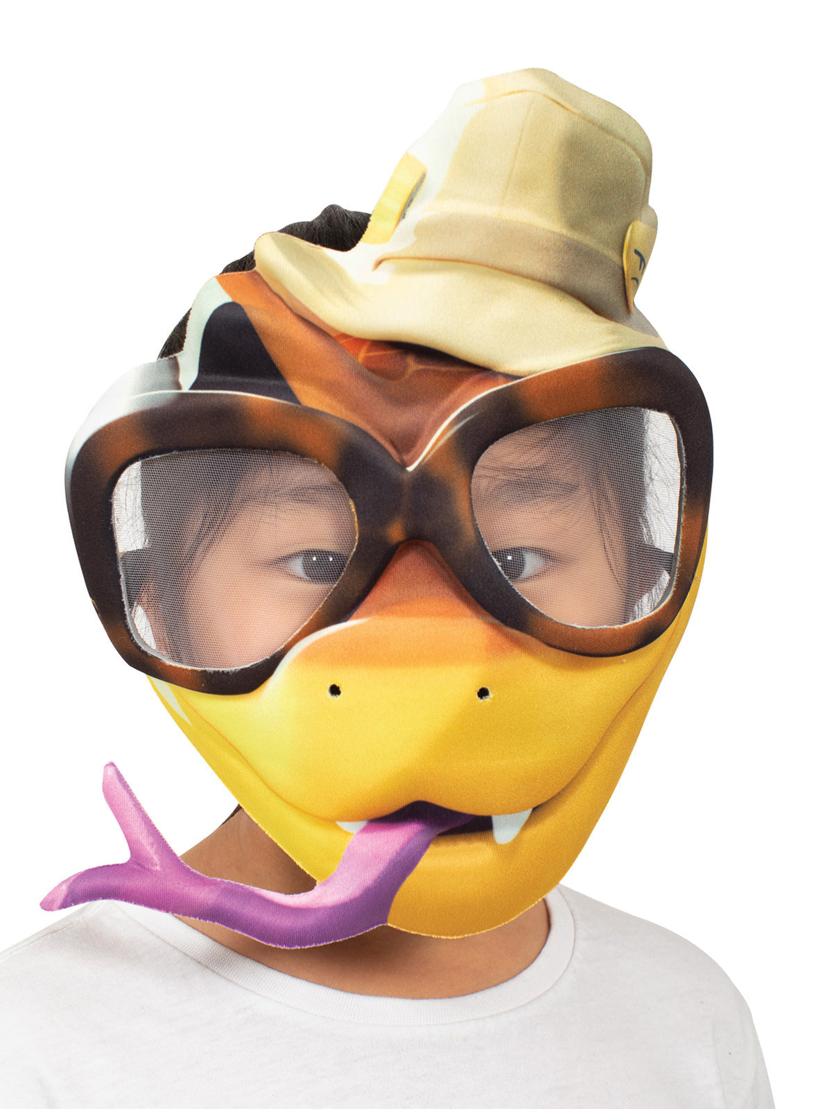 Child wearing the yellow Mr Snake foam mask with big sunglasses, hat and purple forked tongue
