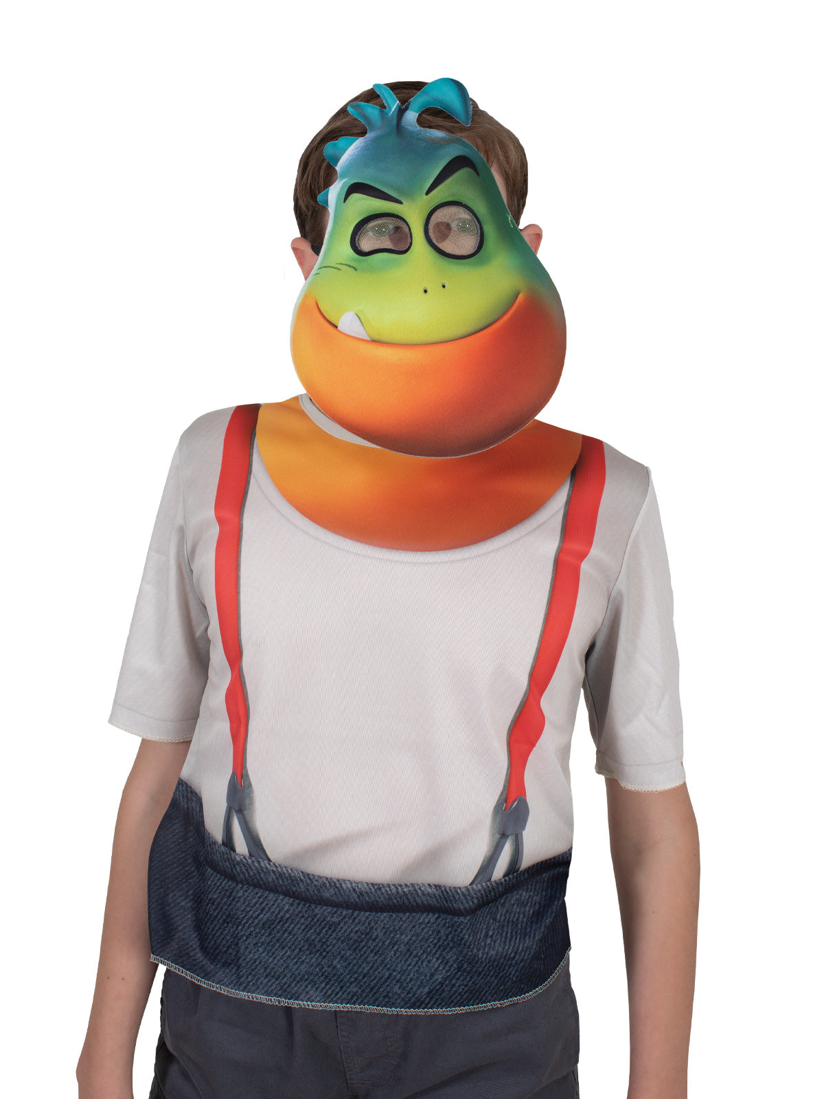 Boy in Bad Guys Mr Piranha foam mask and white printed top with red braces