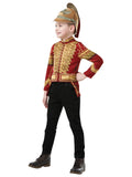 Boy in Captain Phillip Nutcracker costume top with red and gold printed jacket and crested felt helmet