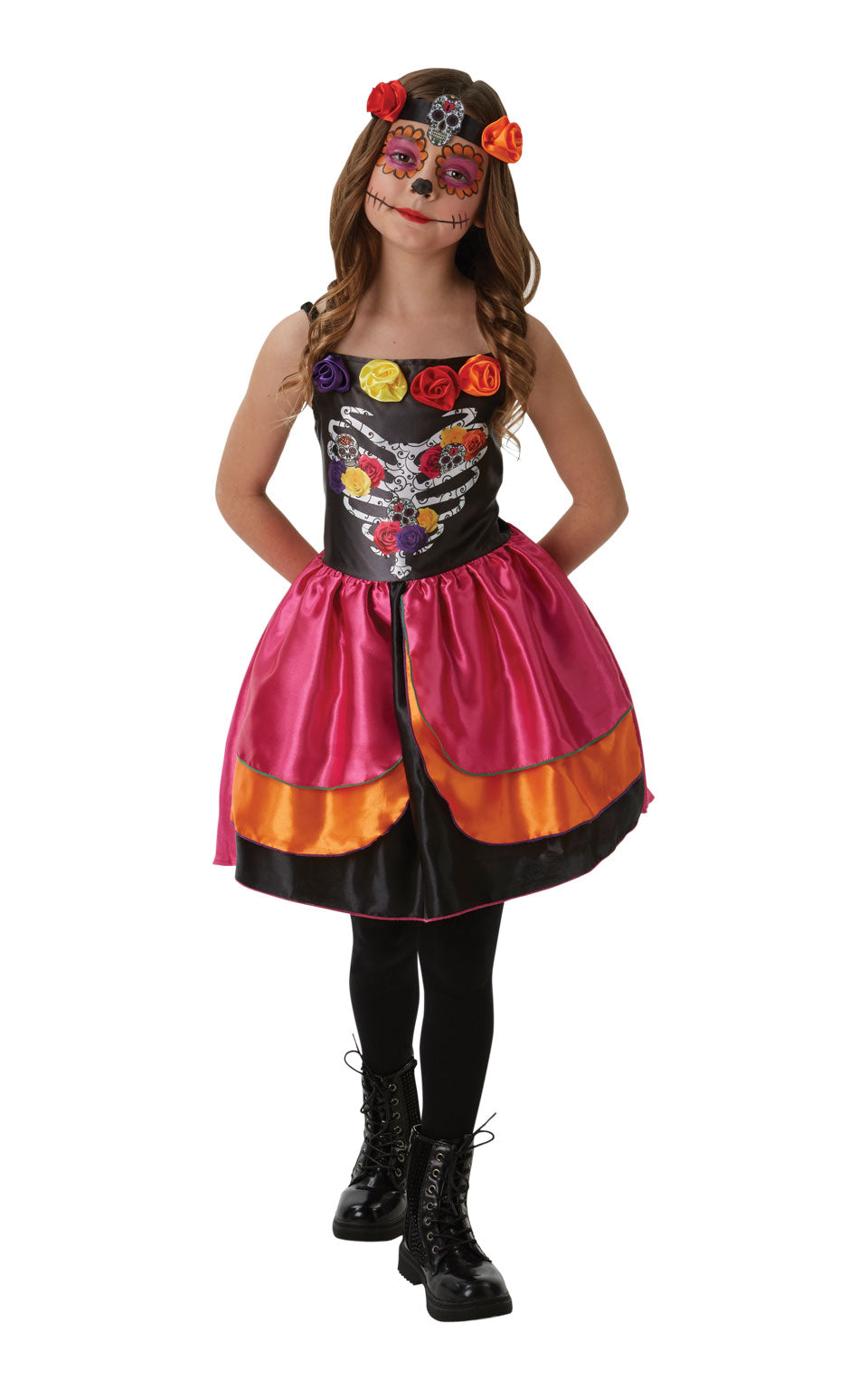 Girl wearing a Sugar Skull dress with rib and floral print bodice, satin roses, ombre pink skirt and rose headpiece