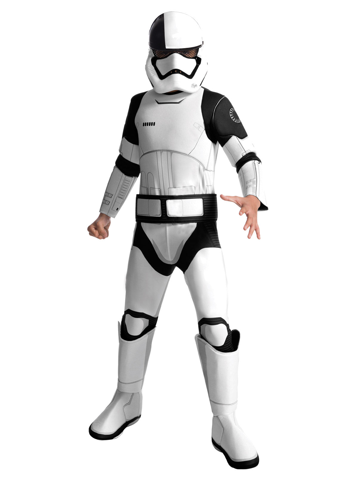 Child wearing the Stormtrooper Executioner deluxe jumpsuit with padded arms, printed belt and mask