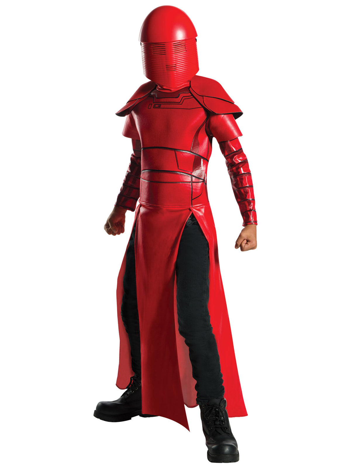Child in a red Praetorian Guard costume with helmet mask, armour-detailed robe and split skirt