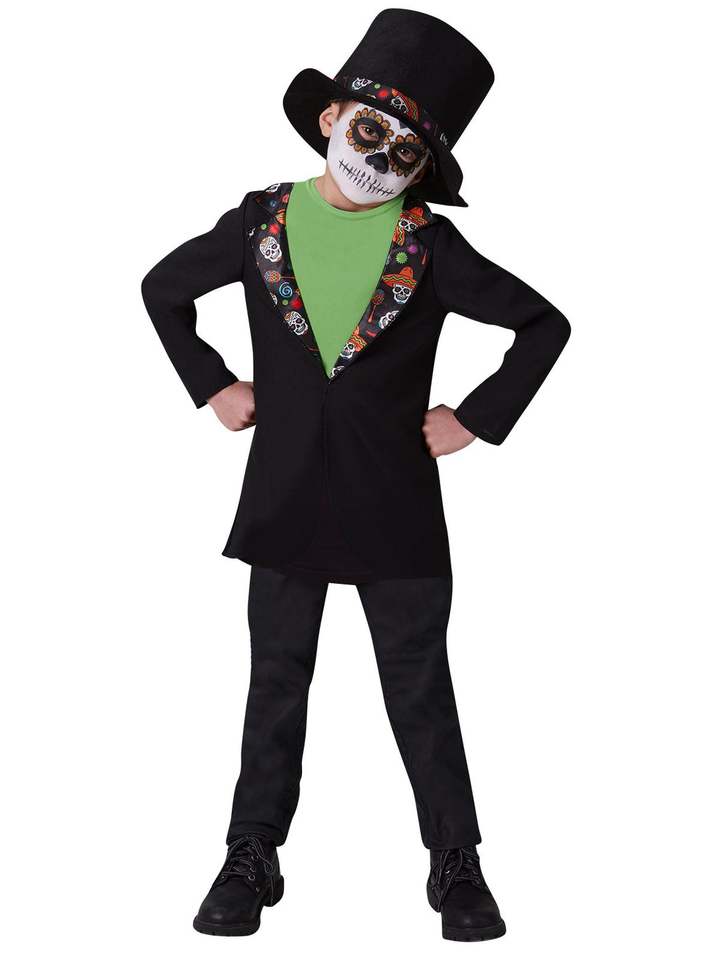 Boy in the Day of the Dead tailcoat and top hat, hands on hips