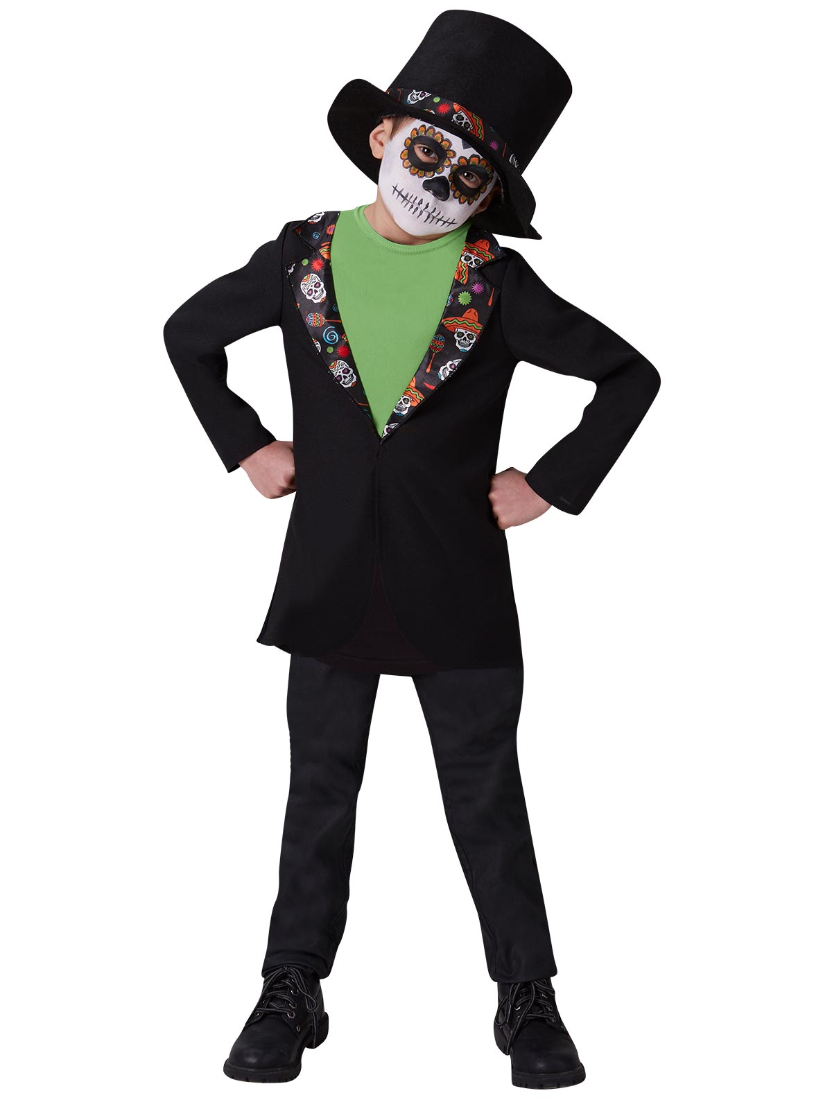 Boy in the Day of the Dead tailcoat and top hat, hands on hips