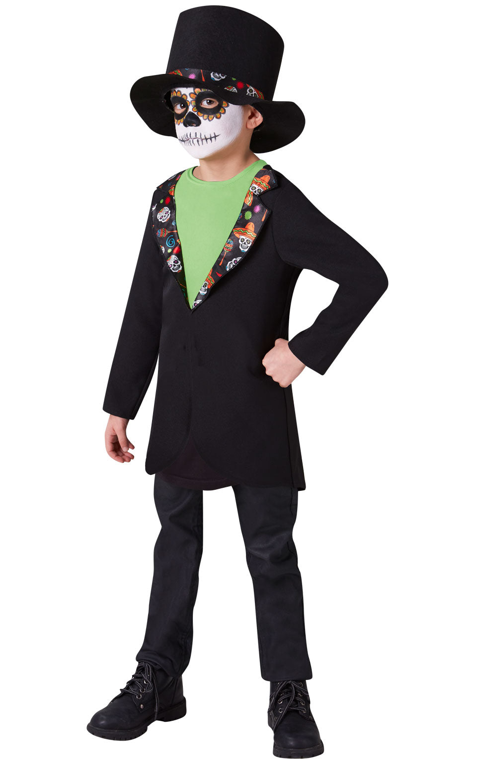 Boy in Day of the Dead tailcoat with skull-print lapels, green mock shirt and black top hat