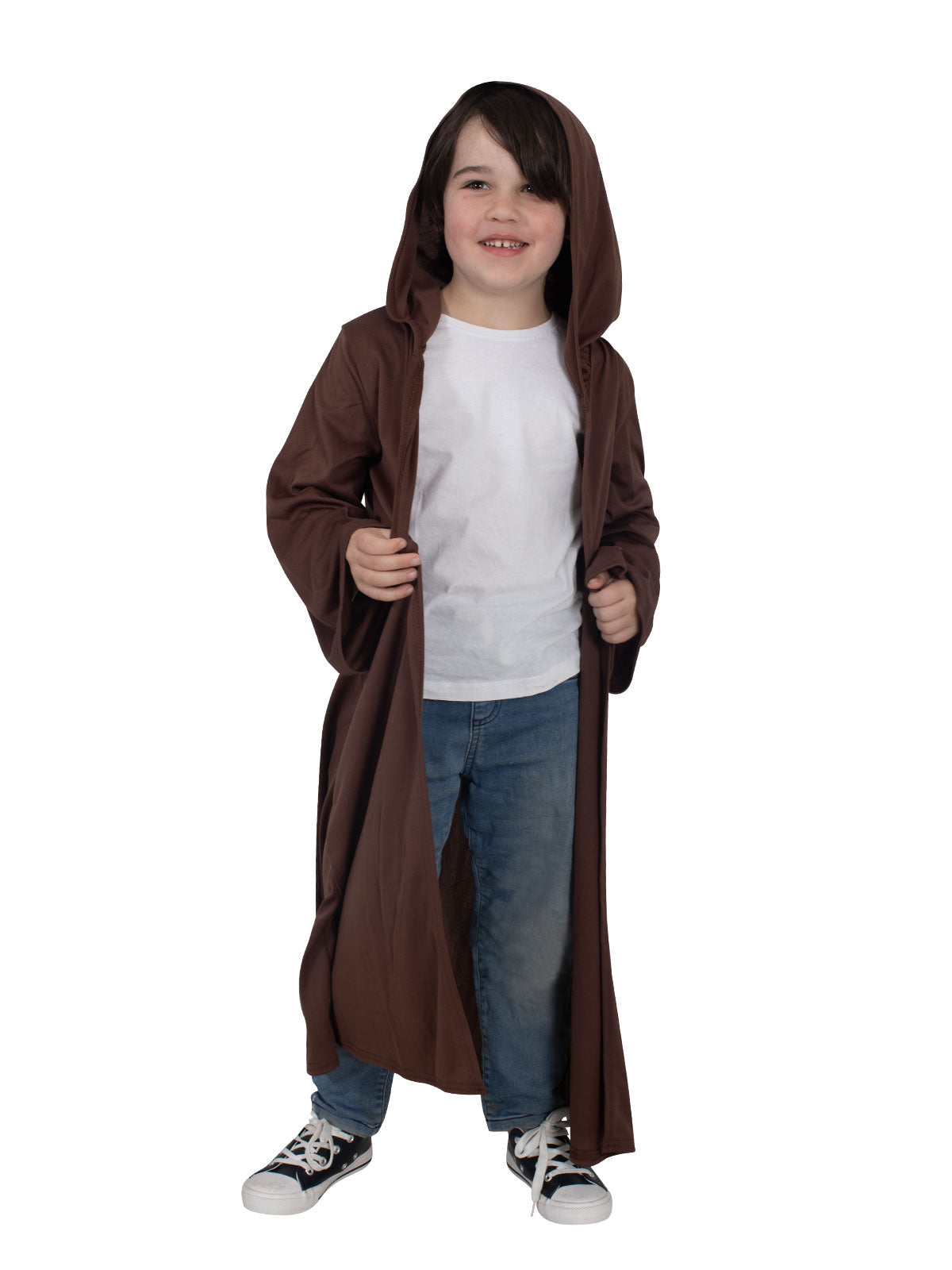 Boy in the brown Jedi Classic Robe with the hood up