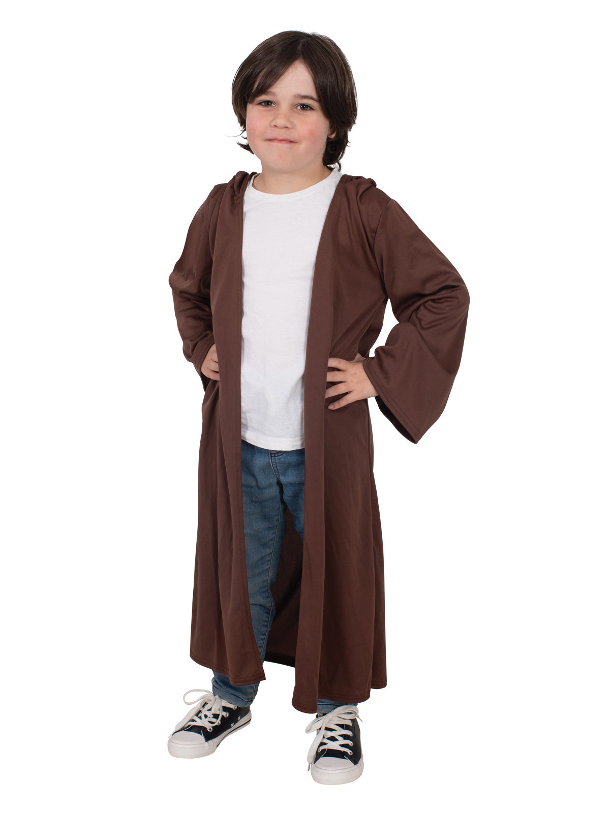 Boy wearing the Star Wars Jedi Classic Robe, a long brown robe with wide sleeves