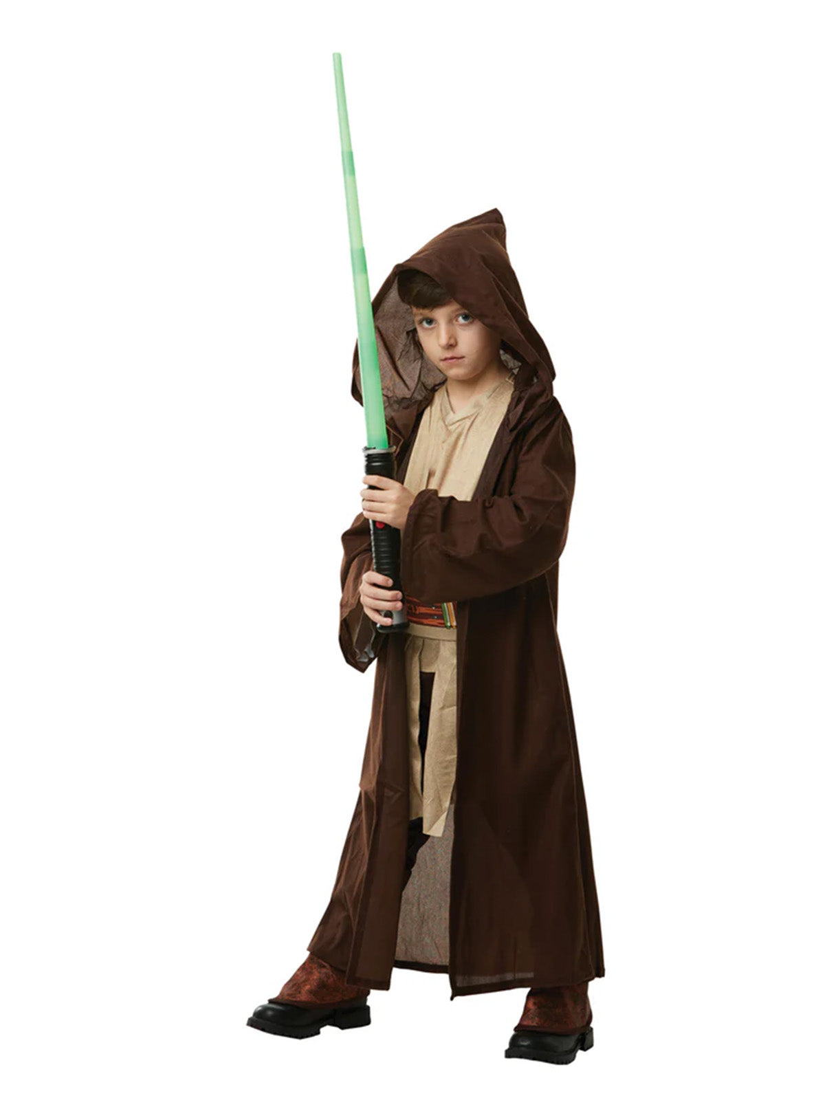 Boy in the brown hooded Jedi Deluxe Robe with the hood up, worn over a Jedi tunic
